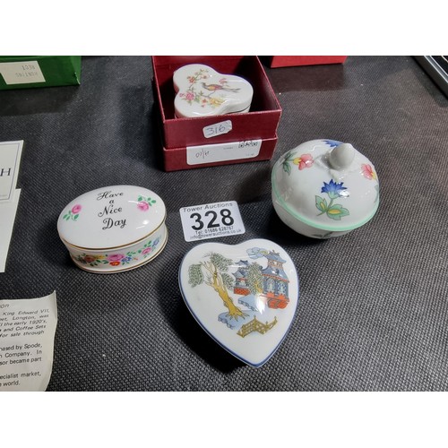 328 - A quantity of 6 collectable porcelain trinket boxes by various makers including Coalport, Wedgwood, ... 