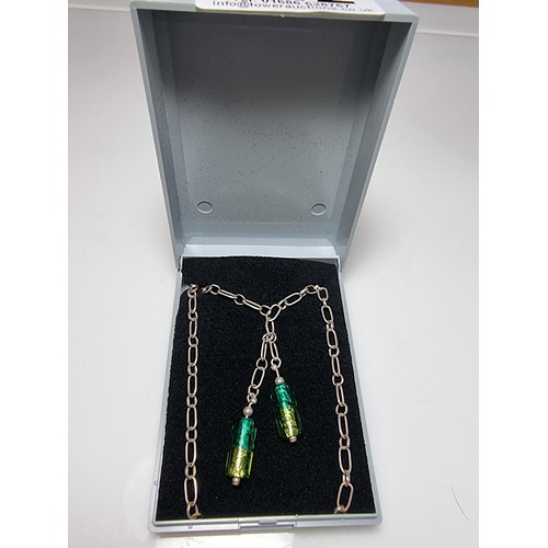 342 - A 925 silver Figaro link necklace with 2 art glass drops, in excellent clean condition, boxed, lengt... 