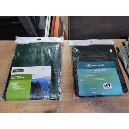 103 - Quantity of ground sheets 2 are sealed highlander measuring 1.8 x 1.2m and 1.8m x 2.4m and one other... 