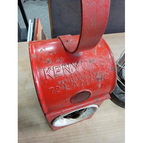 116 - A vintage Kenyons railway signal lantern complete with reservoir  and wick along with an antique til... 