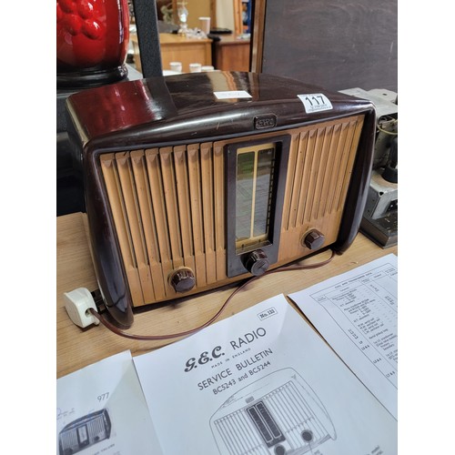 117 - Vintage GEC Bakelite radio BC5243 with schematics also comes with a vintage radio chassis possibly M... 