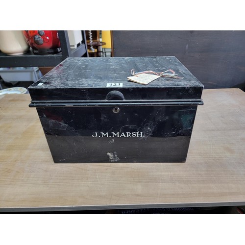 121 - Good quality vintage metal lockable deed box with handles to the sides labelled J.M. Marsh in good o... 