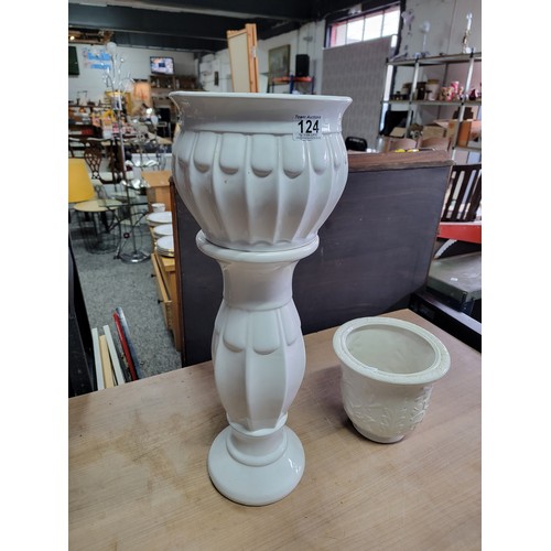 124 - White jardiniere with stand along with one other ceramic planter jardiniere stands at 62cm diameter ... 