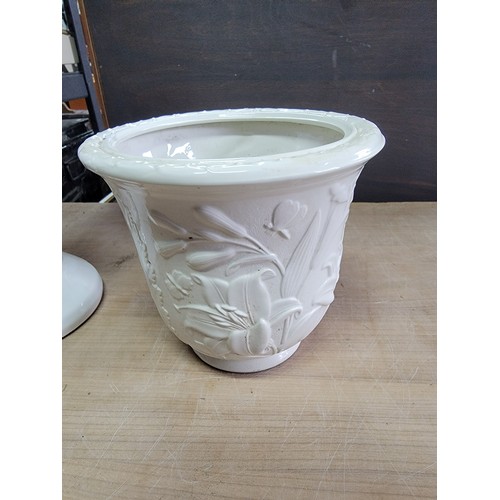 124 - White jardiniere with stand along with one other ceramic planter jardiniere stands at 62cm diameter ... 