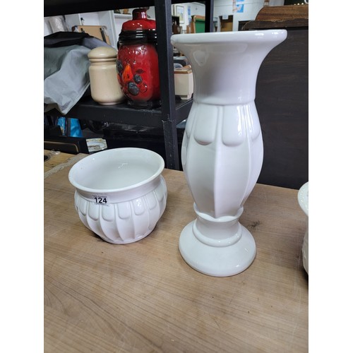 124 - White jardiniere with stand along with one other ceramic planter jardiniere stands at 62cm diameter ... 