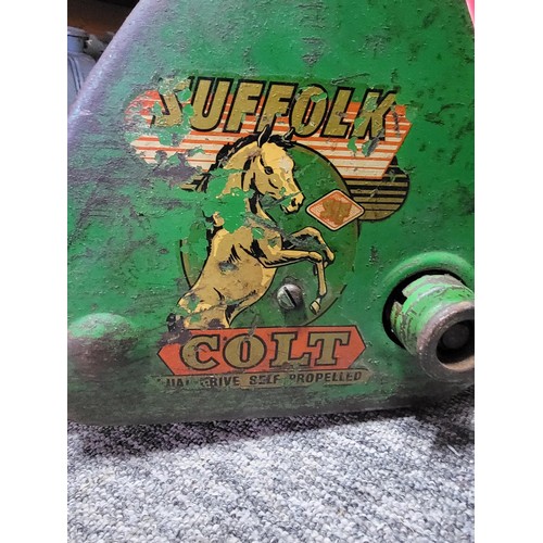 133 - Vintage Suffolk punch lawn mower colt self propelled complete with carry box in full working order e... 