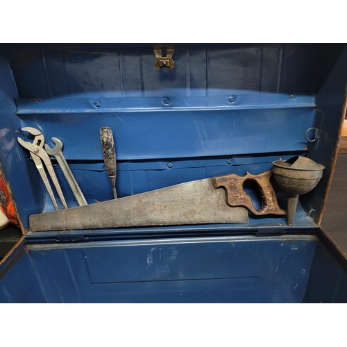 136 - Large metal chest containing a quantity of tools inc saw, wrench, blow torch cap, spanners, screwdri... 