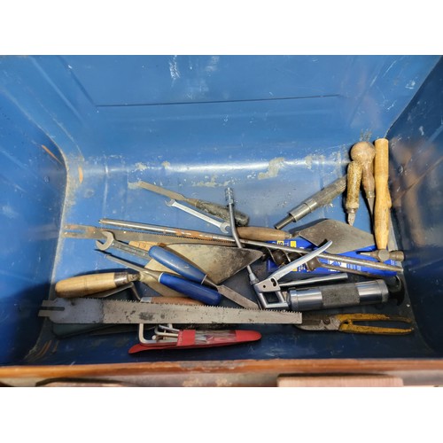 136 - Large metal chest containing a quantity of tools inc saw, wrench, blow torch cap, spanners, screwdri... 