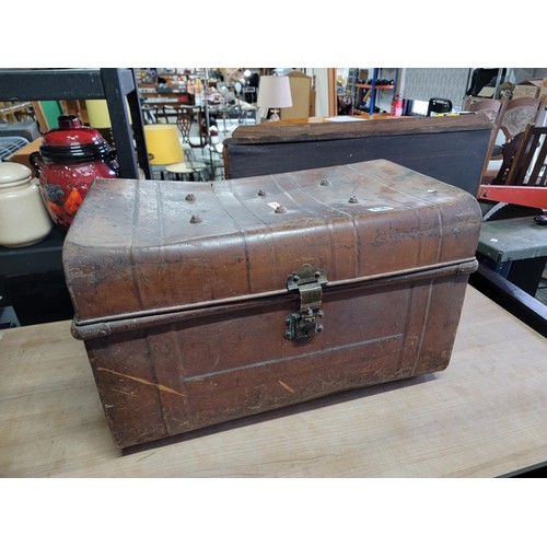 136 - Large metal chest containing a quantity of tools inc saw, wrench, blow torch cap, spanners, screwdri... 