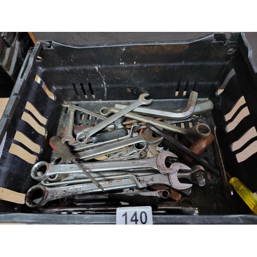 140 - Crate containing a large quantity of tools inc spanners, chisels, belly drill etc