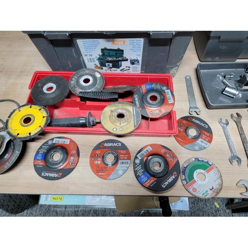 158 - B&D angle grinder in a tool box with a quantity of disks along with a tool box full of socket set pi... 