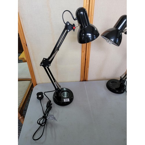 51 - 2x black angle poise lamps in good order in as new condition height when fully extended 60cm