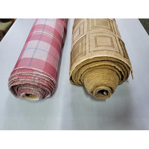 54 - 2x large rolls of fabric inc red tartan and a gold square design one, 146cm wide