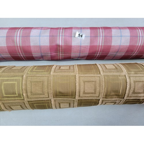 54 - 2x large rolls of fabric inc red tartan and a gold square design one, 146cm wide