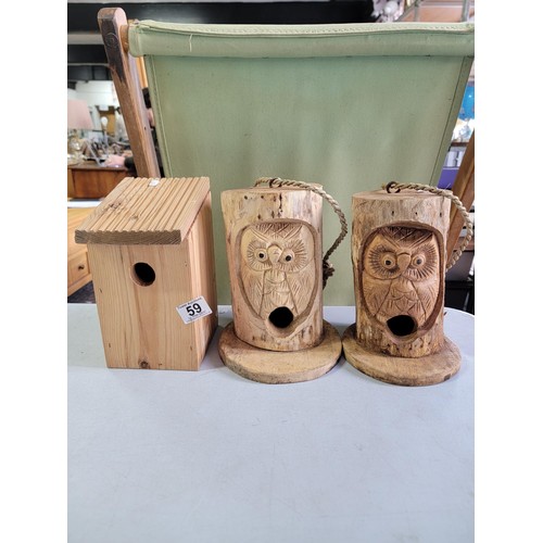 59 - 2 owl formed bird feeders along small bird box all in good order