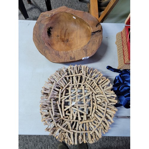 66 - 2 unique fruit bowls, one made from a large nut casing and one other made from twigs, along with a r... 