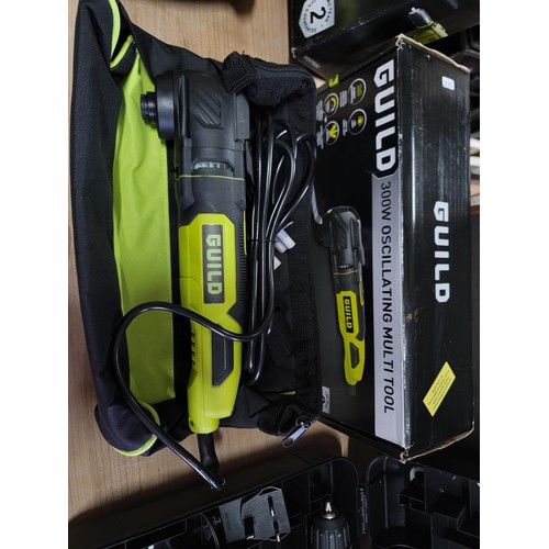 173 - 3x tools inc a Guild 750w hammer drill comes with an unopened bag containing handle and depth measur... 