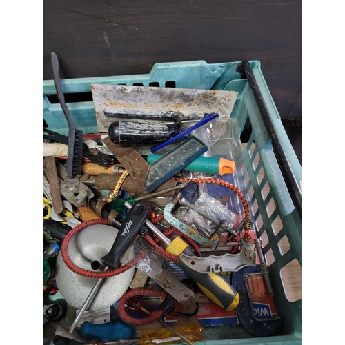 182 - Crate containing a large quantity of tools inc chisels, drills, brushes, hammers, ropes, grinder dis... 