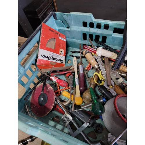 182 - Crate containing a large quantity of tools inc chisels, drills, brushes, hammers, ropes, grinder dis... 