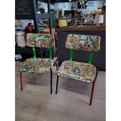 192 - Pair of child's metal seats, decoupaged with marvel comics, with red and blue legs height 46cm width... 