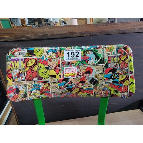 192 - Pair of child's metal seats, decoupaged with marvel comics, with red and blue legs height 46cm width... 