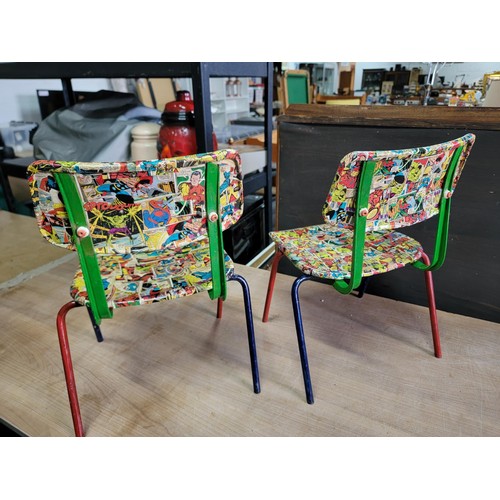 192 - Pair of child's metal seats, decoupaged with marvel comics, with red and blue legs height 46cm width... 