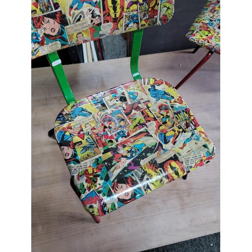 192 - Pair of child's metal seats, decoupaged with marvel comics, with red and blue legs height 46cm width... 