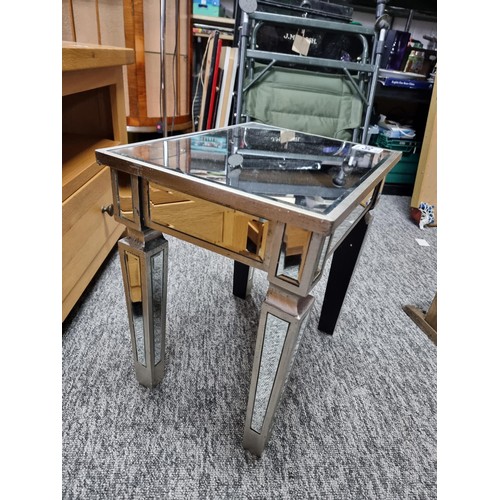 505 - Mirrored lamp table with a silver wooden frame having mirrored top leg and sides in good condition h... 