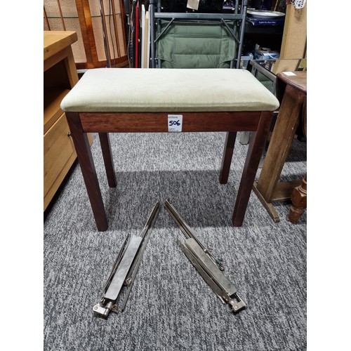 506 - Storage piano stool with a clean green upholstered top along with 2x foldaway metal music stands