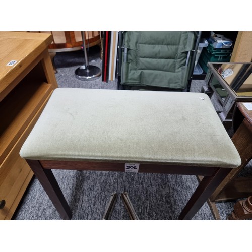 506 - Storage piano stool with a clean green upholstered top along with 2x foldaway metal music stands