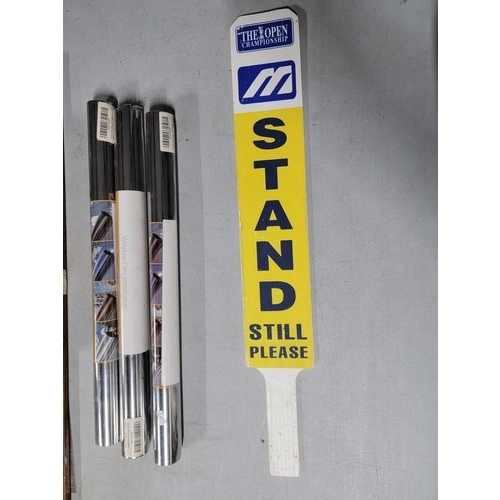 82 - Quantity of vintage rulers and a horse hand stick and 3x sealed window films along with a The Open C... 