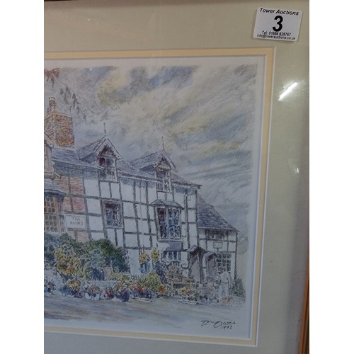 3 - Framed and glazed original pencil drawing by Tom Owen Picture of the Tea Rooms in Newtown 46.5cm by ... 