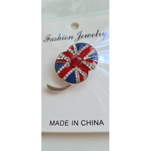 340D - Union Jack enameled poppy brooch with a red and clear jeweled design which are sparkly and lively ne... 