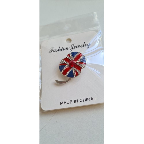 340D - Union Jack enameled poppy brooch with a red and clear jeweled design which are sparkly and lively ne... 