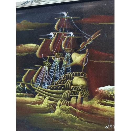 6 - Framed acrylic on felt picture of 2 clipper ships. Signed Jorge. in a carved wooden frame. 65cm high... 