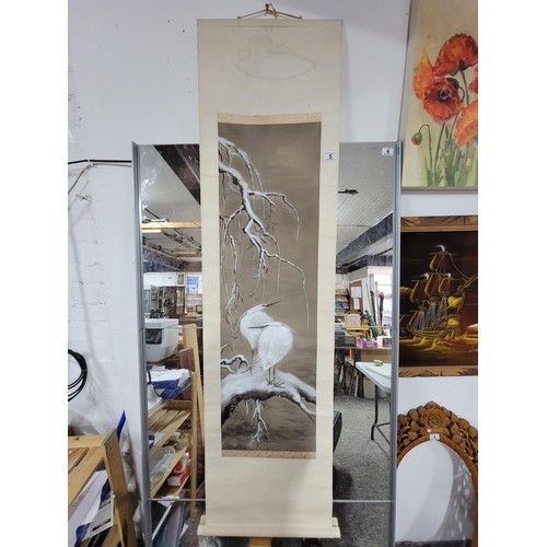 5 - Large wall hanging of an oil painting of Egrets, on velum type paper, comes with wooden storage box,... 