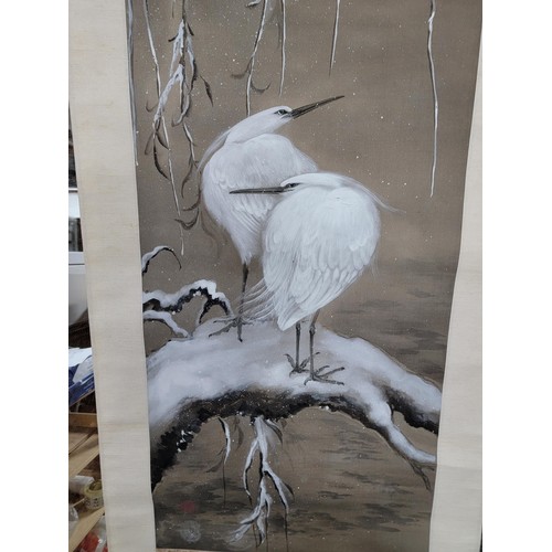 5 - Large wall hanging of an oil painting of Egrets, on velum type paper, comes with wooden storage box,... 