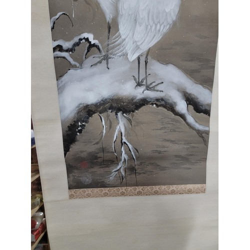 5 - Large wall hanging of an oil painting of Egrets, on velum type paper, comes with wooden storage box,... 