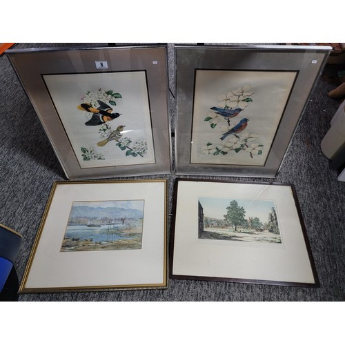 8 - Collection of 4x framed and glazed pictures inc 2 bird prints by James Gordon Irving, an unsigned wa... 