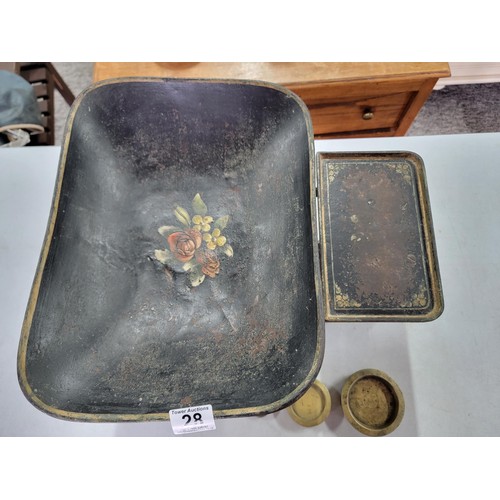 28 - Set of good quality shop scales with floral design to base complete with tray and 7x weights 2oz to ... 