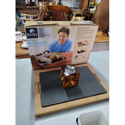 32 - Table top dimple glass lighter along with a boxed James Martin Denby 6 piece serving kit with wood a... 