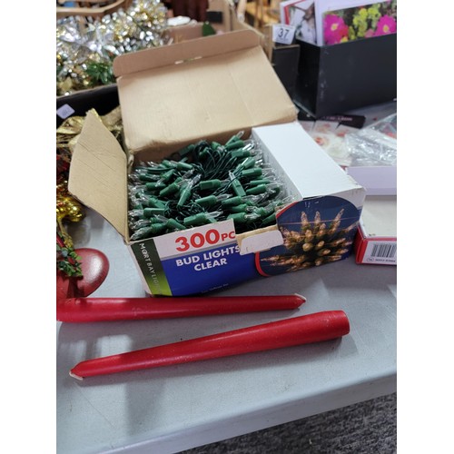 37 - Quantity of Christmas decorations inc a 5ft Christmas tree, box of 300 Christmas lights, tinsel, Rei... 