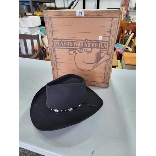 39 - Boxed as new black Master Hatters of Texas Stetson hat in good order RRP £40 size 59cm