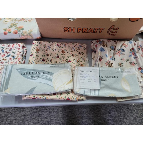 43 - Box containing a large quantity of fabric inc Laura Ashley material, Laura Ashley tie backs, along w... 