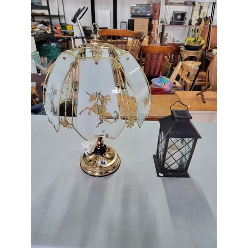 54 - Large copper and brass table lamp 3 tier with 6 glass segmented shade depicting unicorns along with ... 