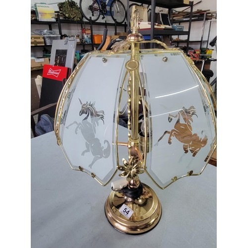 54 - Large copper and brass table lamp 3 tier with 6 glass segmented shade depicting unicorns along with ... 