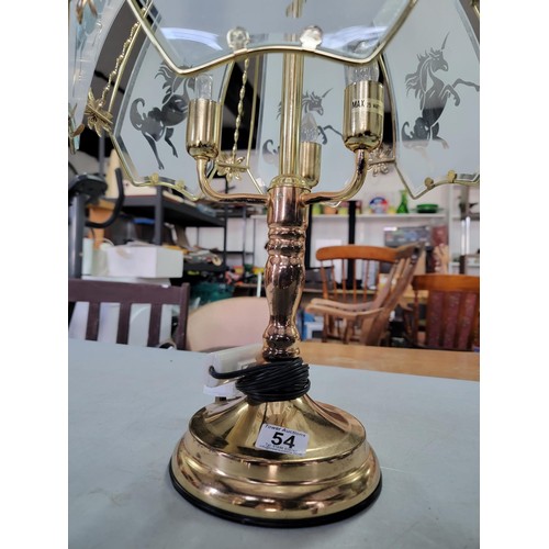 54 - Large copper and brass table lamp 3 tier with 6 glass segmented shade depicting unicorns along with ... 