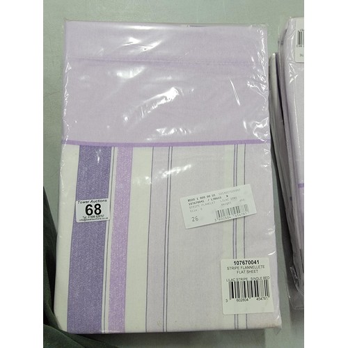 68 - 4x new and sealed Stripe flannellete flat sheets in purple and white along with a Country Leisure Wa... 