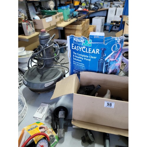 98 - Quantity of garden items inc a Hozelock Easy Clear pond pump, along with Hozelock and pump accessori... 