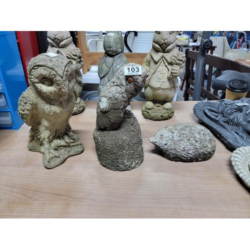 103 - Quantity of stoneware animals inc 2x owls along with a hedgehog in good order largest measures 30cm ... 